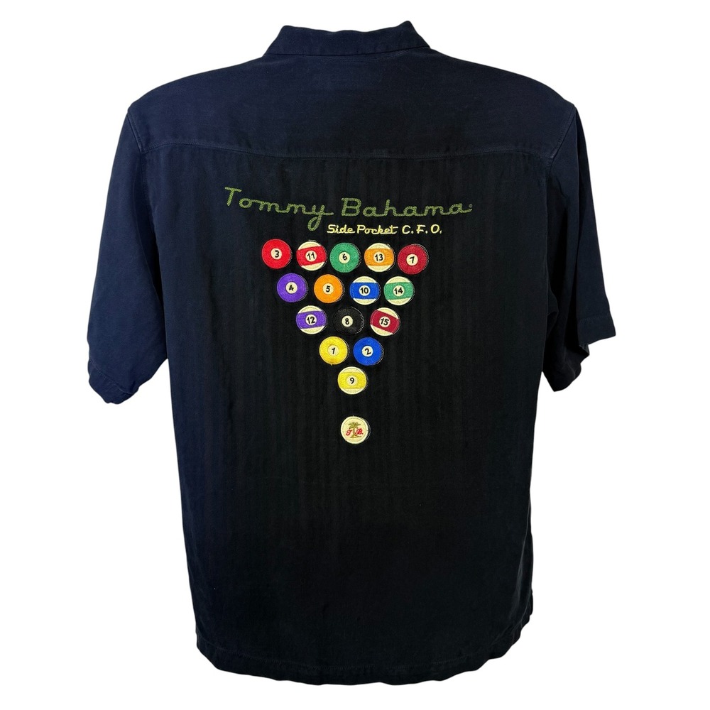 Tommy Bahama Side Pocket CFO Silk Camp Shirt Black Billiards Pool Mens Small